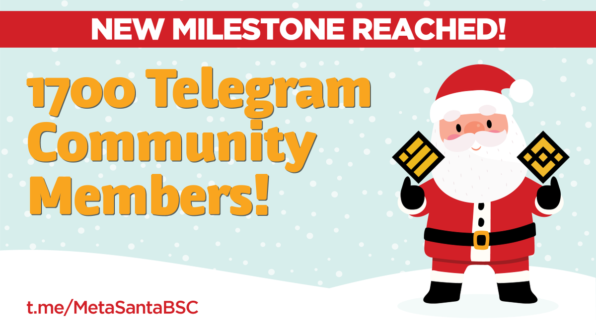 MetaSantaBSC's tweet photo. In just a few short days we have grown our Telegram community to over 1,700 members. Some really awesome people working together on growing a great project!
Join us!
https://t.co/rbt6Ndkjz4
#MetaSantaArmy #memecoin #BSCNews https://t.co/g8BoWpDDBX