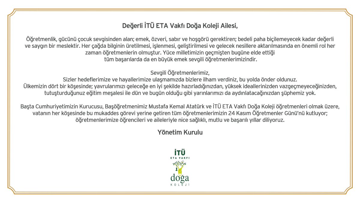İTÜ ETA Vakfı Doğa Koleji Yönetim Kurulunun "24 Kasım Öğretmenler Günü" mesajı...