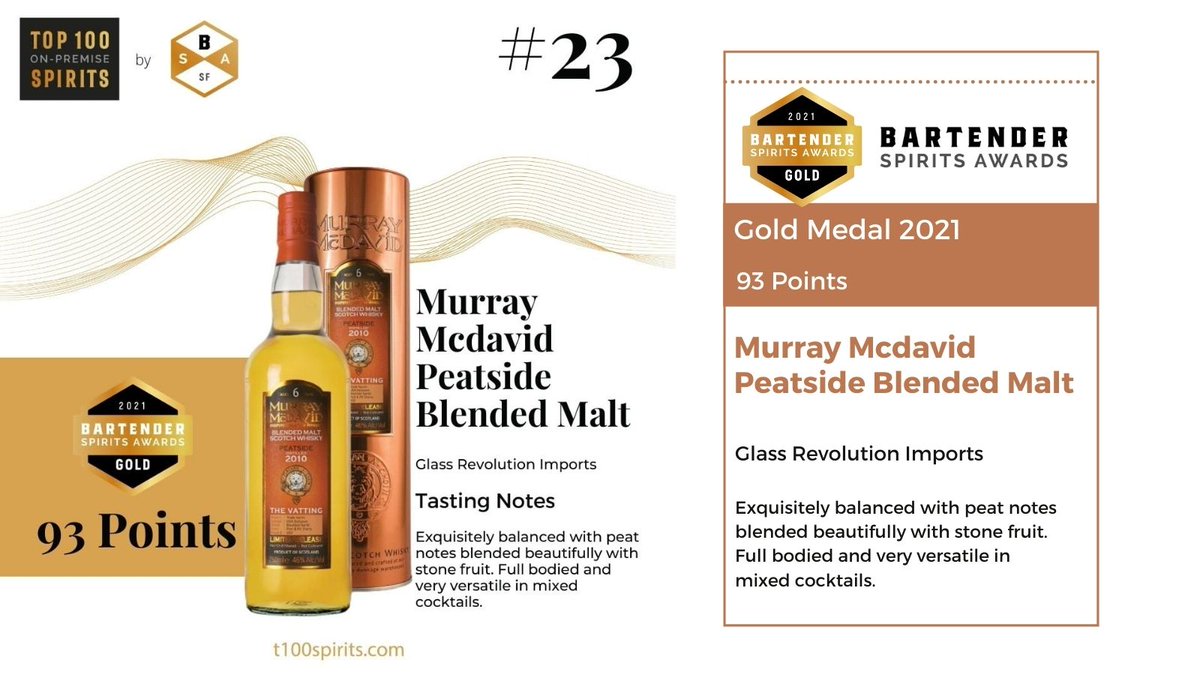 Murray Mcdavid Peatside Blended Malt by <a href="/GlassRevImports/">Glass Revolution Imports</a> won a #goldmedal at the 2021 <a href="/BartenderAwards/">Bartender Spirits Awards</a> and was placed at no. 23 in the <a href="/Top100SpiritBSA/">Top 100 On Premise Spirits</a> list!⠀⠀

Congratulations to the entire team on this victory!

#whiskey #whisky #bourbon #scotch #whiskeygram