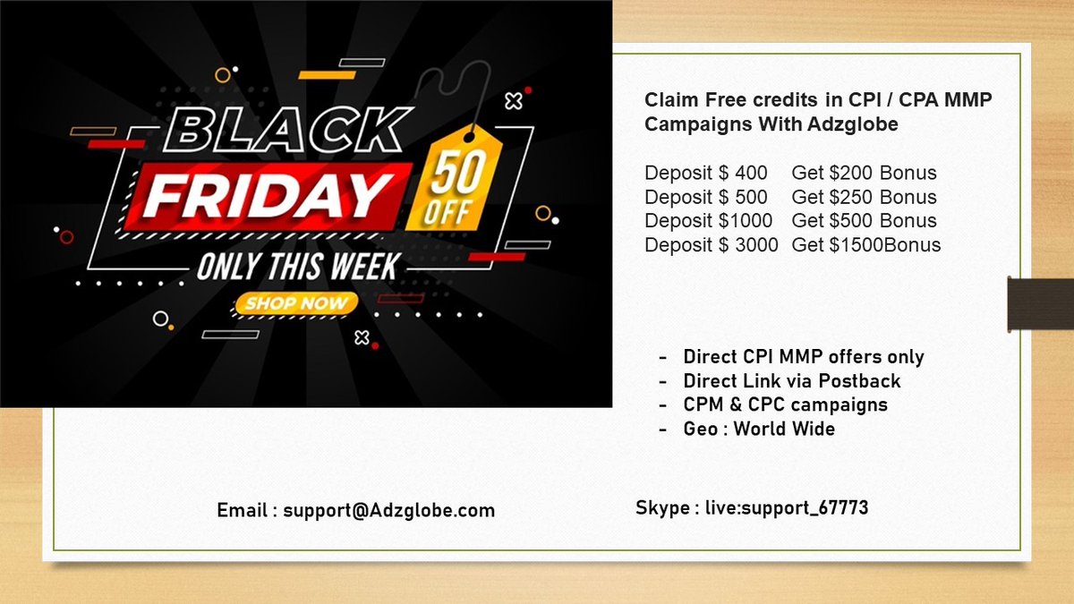 Adzglobe's tweet photo. - Black Friday Traffic Alert - CPI and CPA Models

- MMP Links only - Inapp and Video Traffic

- Join Now : https://t.co/2zNI3cowU9

- Email : support@adzglobe.com , Skype : live:support_67773

#performancebasedadvertising #performancemarketing #performancemarketingagency https://t.co/yLqNoTparv