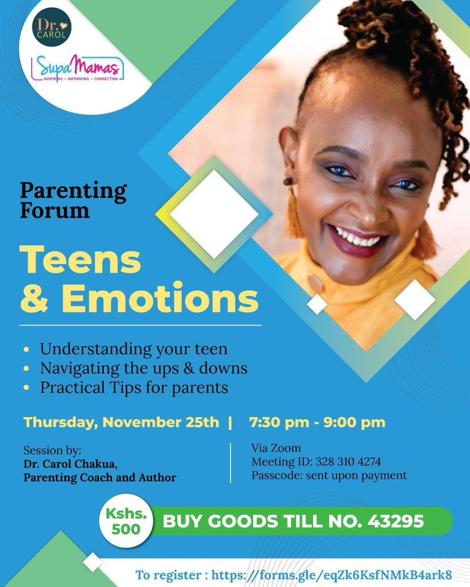 drCarolChakua's tweet photo. Registration link; https://t.co/v6THrDubhj

#drcarol #parentingwithyourheartinmind #parentingchallenges #raisingthemright #teenagelife #parentingskills #mentalhealth #tweenagers #parentingvillage #confidentparenting #teenagers https://t.co/AmMg5Thty1