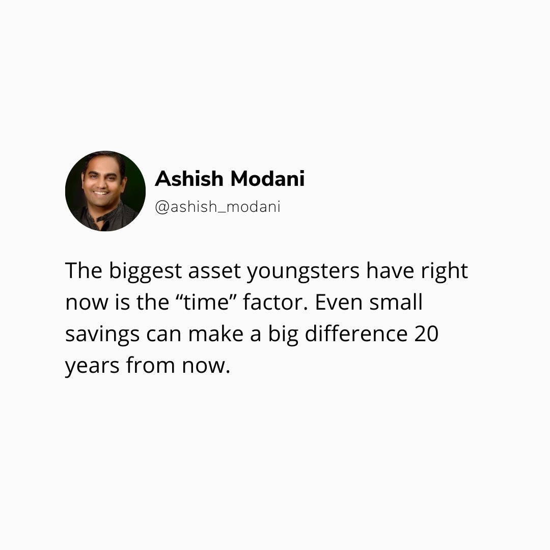 ashish_modani's tweet photo. As they say, "The earlier you start the better! " The same applies for investing too. Do you agree with me? Let me know in the comments below 👇
.
.
.
#wednesdaywisdom #wednesdaythought #wednesdaymotivation #AMQuotes #thinkaboutit #investingtips #financequotes #investingquotes https://t.co/cnumeID7HW
