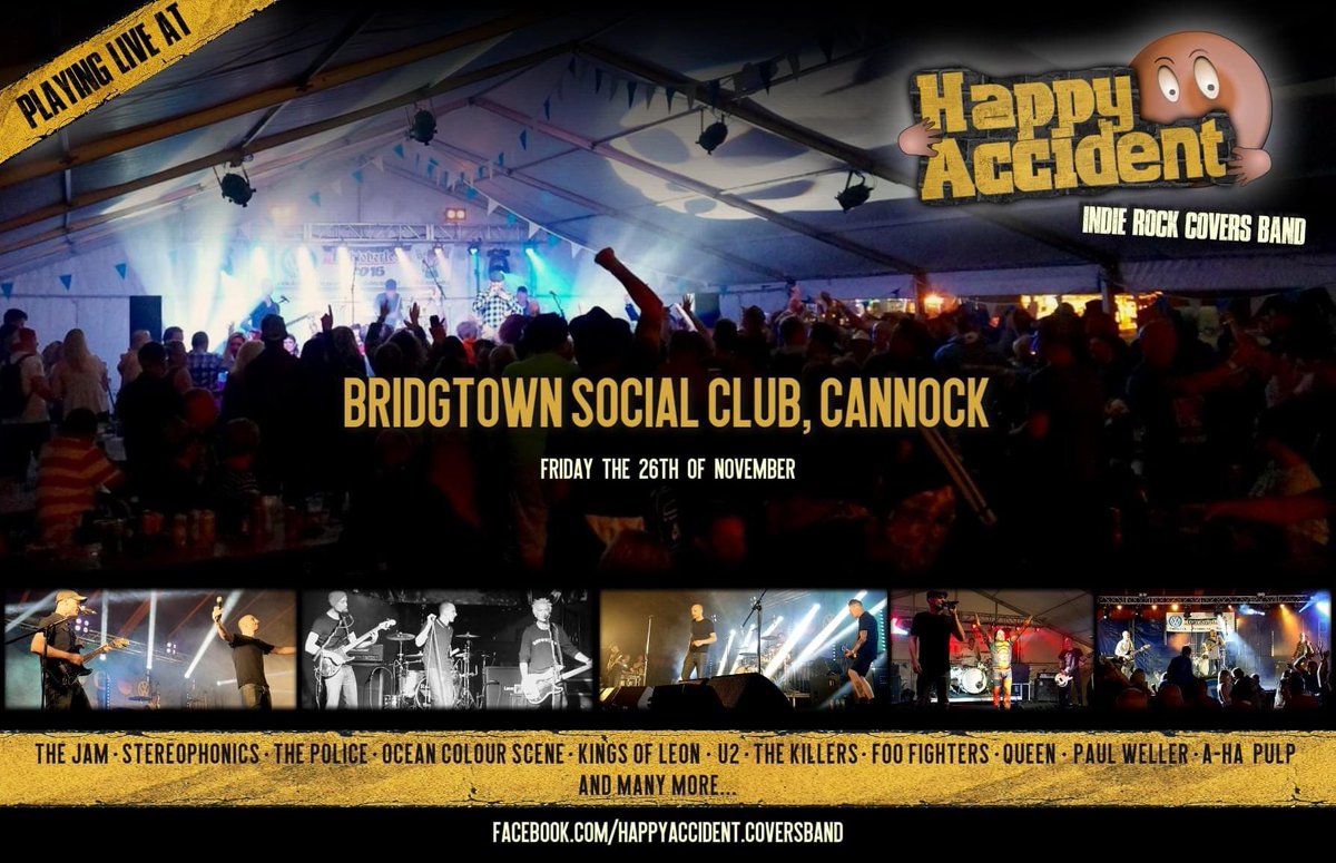 This Friday #happyaccident #livemusic #keeplivemusicalive #freeentertainment #freeentrance #bridgtown #cannock #workingmensclub