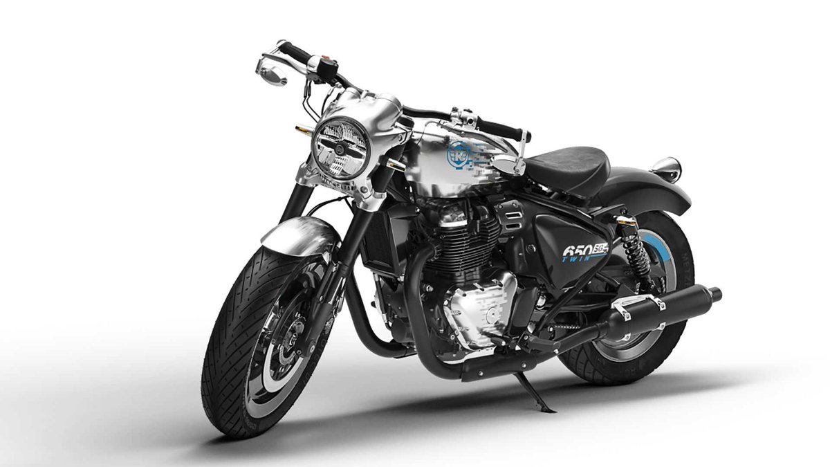 askabtauto's tweet photo. #RoyalEnfield has unveiled the #SG650 Concept motorcycle at the EICMA 2021. The cruiser is based on the 650 platform, gets heritage-inspired polished aluminium front end, a digital graphic on the fuel tank, integrated ABS, twin shocks and a bullet-style taillight. https://t.co/NXptkylVya
