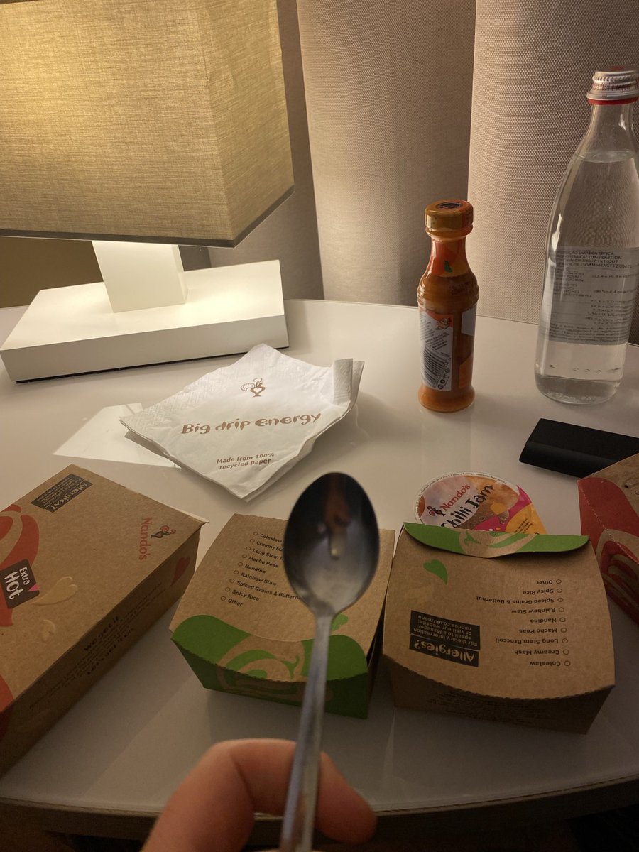 Eating dinner with the teaspoon from the hotel tea set!  Work travel is officially back…..