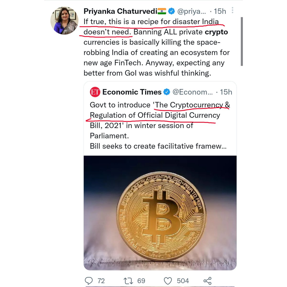 Odd Day: Why GOI not regulating crypto When govt bought cryptp regulations  bill: This is recipe of disaster India. 25 din me U Turn @priyankac19 🤡🤣