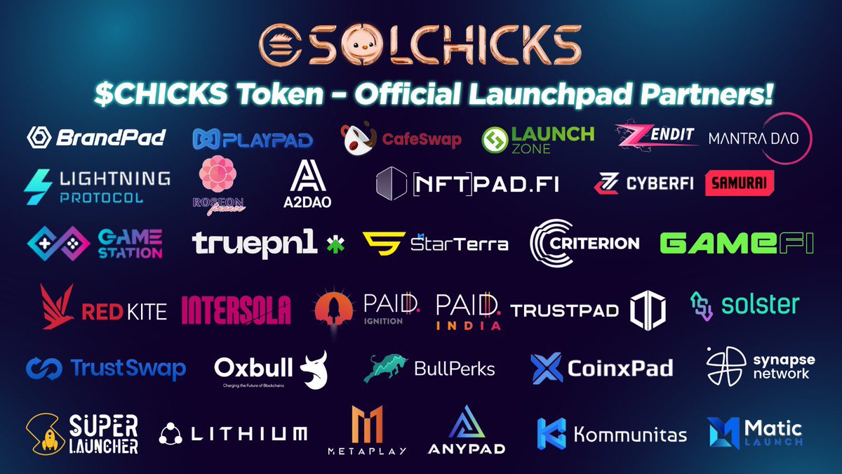 Vision__Capital's tweet photo. @SolChicksNFT are pleased to release the list of our official Launchpad partners for our upcoming updated $CHICKS token launch
With the support of over 30+ launchpads, we will be making crypto history on November 26th
https://t.co/BclhF4bGBK
#Visioncrypto #SolChicks #P2E #NFTs https://t.co/kqhLX1Lt8O