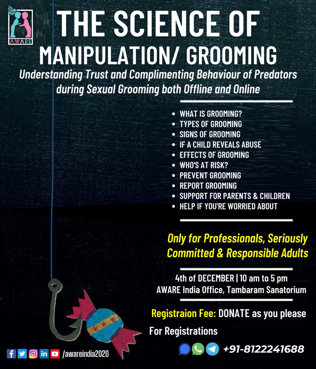awareindia2020's tweet photo. To help YOU learn how grooming works and remind how to protect children, this Workshop will focus on the process of grooming of child sexual abuse and how adults identify potential abusers.
#Abuser #sexualoffender #predator #abuserstrategy #reportingabuse #reportabuse #abuse https://t.co/R6K0QbPDx1