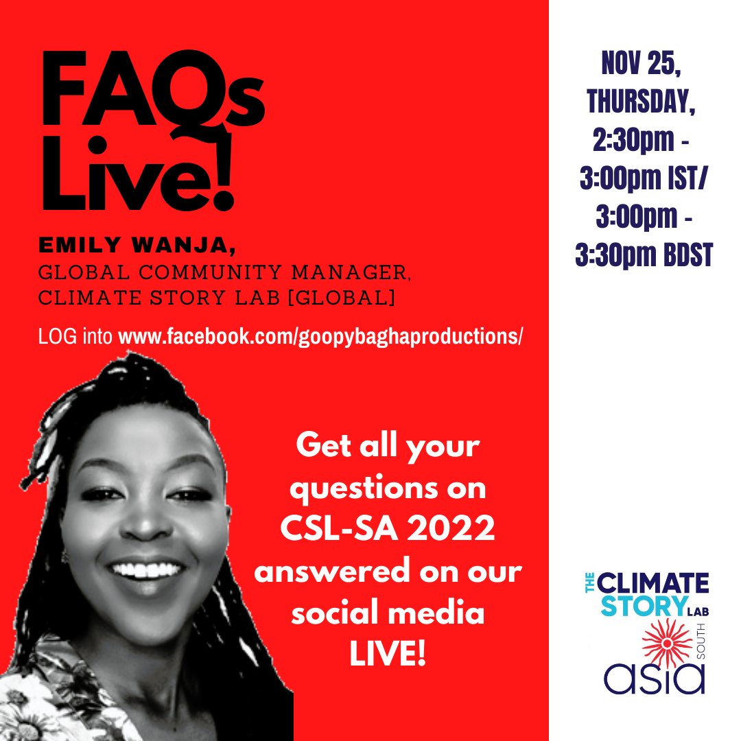 IndDocFdn's tweet photo. FAQ session live with Global Community Manager 
Doc Society - Climate Story Unit, Emily Wanja, tomorrow on Goopy Bagha's FB page -  2:30pm-3:00pm IST and 3:00pm-3:30pm BDST on November 25, Thursday. https://t.co/PU8JBxDT9g