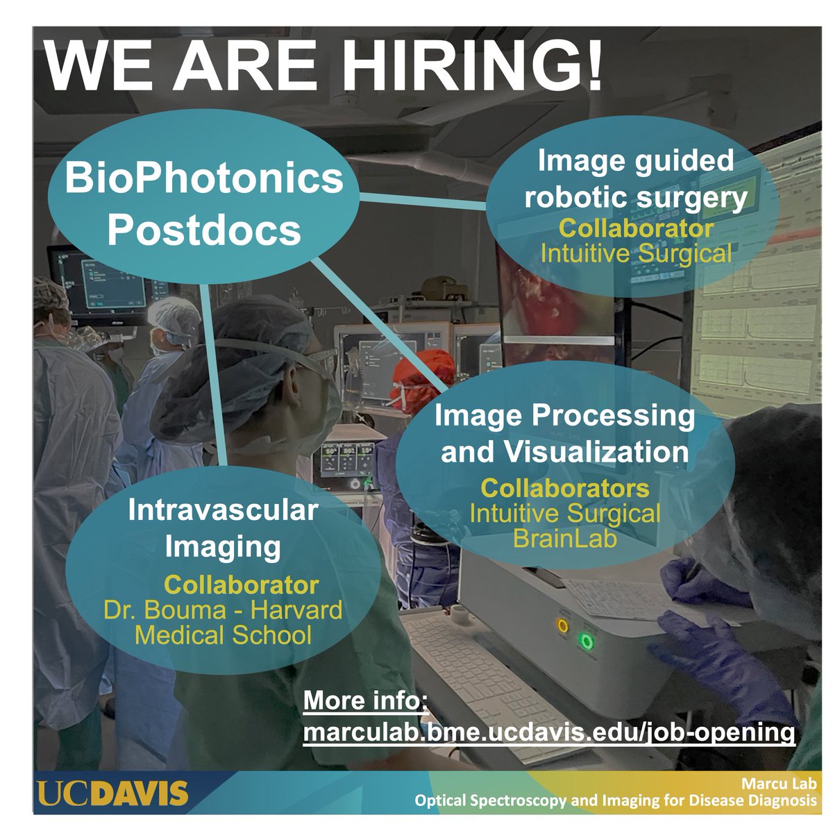 Join us! We have three postdoc positions currently available: 
> Biomedical Optics Image-Guided Cancer Surgery 
> Signal and Image Processing and Visualization 
> Biomedical Optics Intravascular Imaging
marculab.bme.ucdavis.edu/job-opening
#biophotonics #opticalimaging #postdocjobs