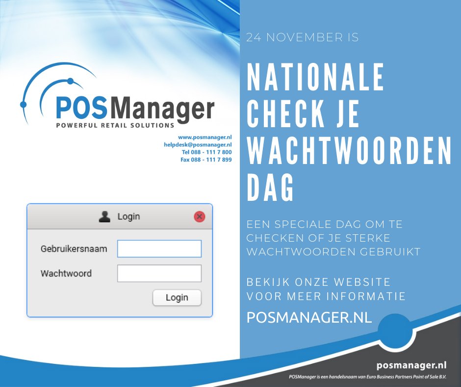 POSManager's tweet photo. Vandaag is het Nationale check je wachtwoorden dag. Een speciale dag om even stil te staan welke wachtwoorden je gebruikt, ook voor het kassasysteem! Bekijk voor meer informatie onze website https://t.co/mwXXMdEi92 https://t.co/dttTDfNHSR