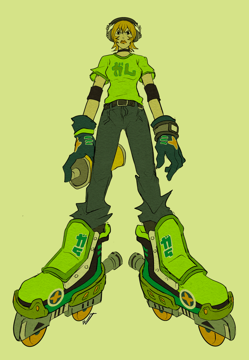 Draydensbeard's tweet photo. A parody. Radio Gum from an alternative future. My what-if idea had Gum replaced Beat on the cover of the official #JSRF OST. There's an official obscure drawing of her listening to music with headphones and I find it lovely, so her clothes are based on that here. 
#jetsetradio https://t.co/mD2d4KtT1A