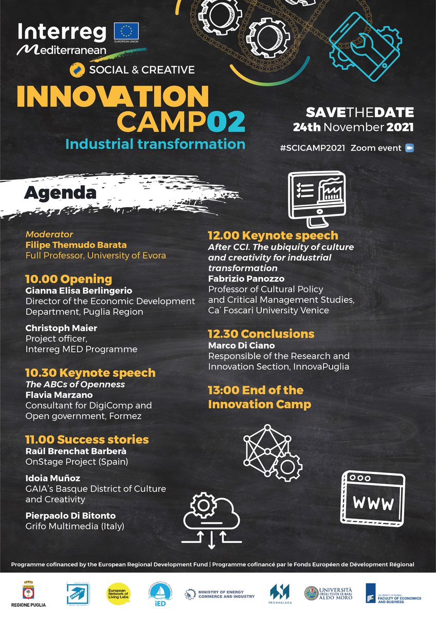 #SCICAMP2021
Here we are! 
At 10.00 we are live with Social&amp;creative - Innovation Camp #2 on Industrial transformation
Follow the live streaming on this page! 
Here's the updated program! 

<a href="/RegionePuglia/">RegionePuglia</a> <a href="/ArtiPuglia/">ARTI Puglia</a> <a href="/openlivinglabs/">ENoLL</a>  <a href="/promalaga/">Promálaga</a>  <a href="/ied_europe/">iED</a> @MEDProgramme