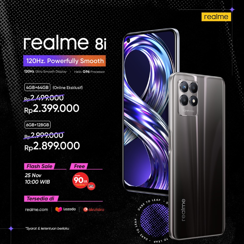 realmeindonesia's tweet photo. realme 8i. 𝙐𝙡𝙩𝙧𝙖-𝙎𝙢𝙤𝙤𝙩𝙝. 𝙐𝙡𝙩𝙧𝙖-𝙋𝙤𝙬𝙚𝙧𝙛𝙪𝙡. 🟣

Smartphone 120Hz refresh rate paling terjangkau di Indonesia dengan harga Rp 2.399.000.

Besok! Flash Sale #realme8i di Lazada, Akulaku atau di https://t.co/SfwQBldHOq jam 10:00 WIB. #120HzForAll