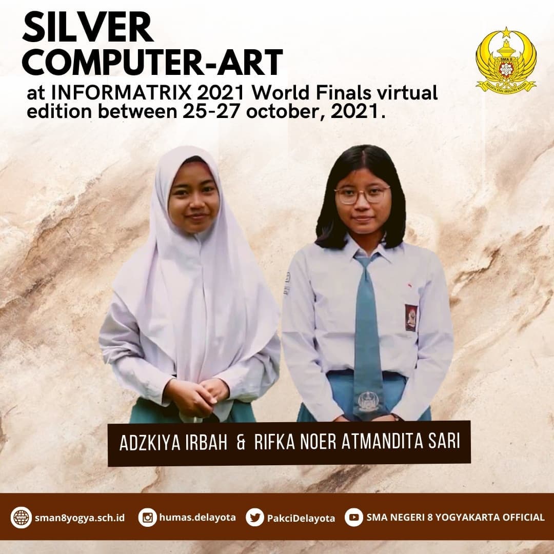 PakciDelayota's tweet photo. Selamat kepada Adzkiya Irbah dan Rifka Noer Atmandita Sari dari kelas XII MIPA 6 yang telah meraih Silver Computer Art Tingkat Internasional di selenggarakan oleh Solacyt Fundatia Lumina and Latin America Society pada tanggal 27-30 Oktober 2021. https://t.co/A8mGJtNh6r