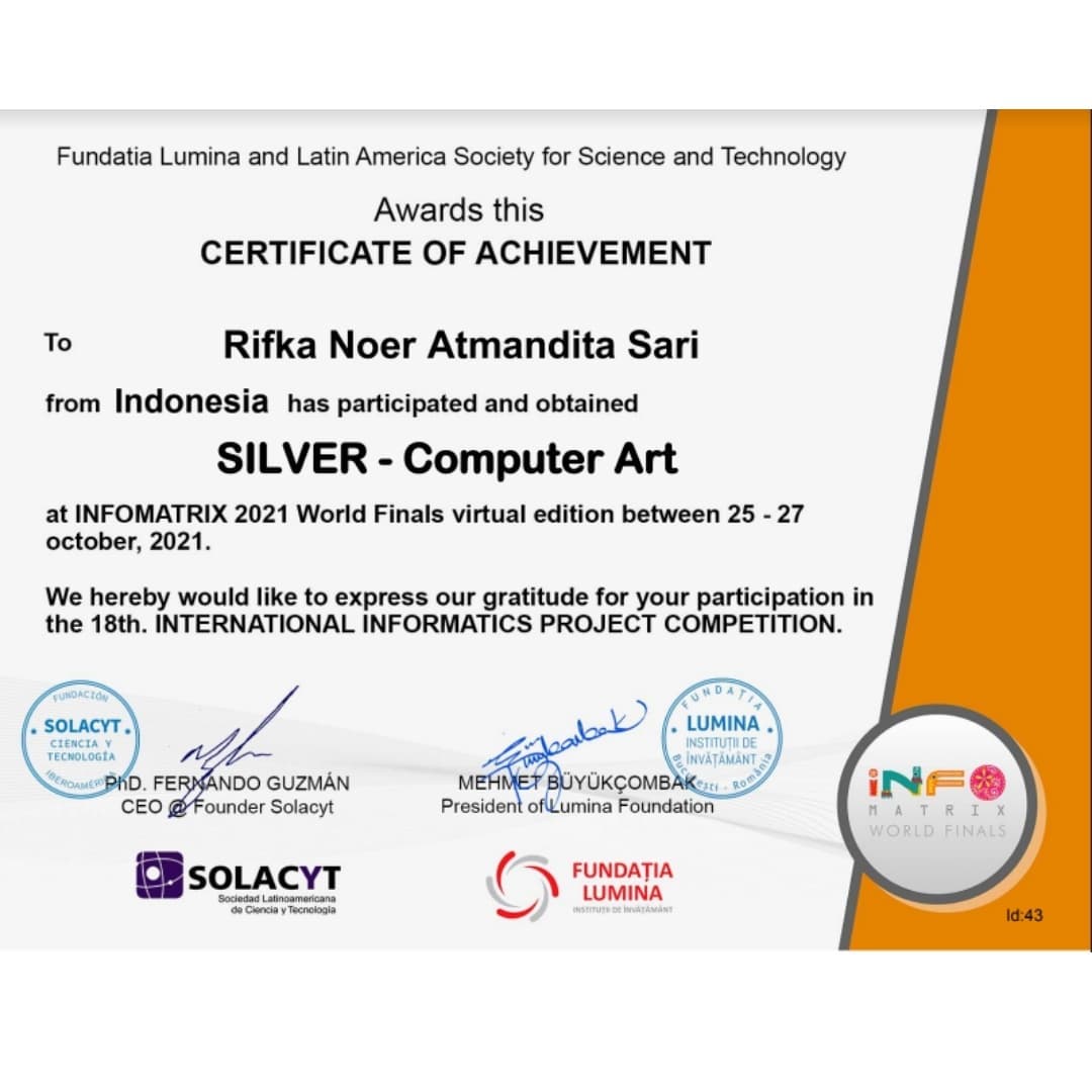 PakciDelayota's tweet photo. Selamat kepada Adzkiya Irbah dan Rifka Noer Atmandita Sari dari kelas XII MIPA 6 yang telah meraih Silver Computer Art Tingkat Internasional di selenggarakan oleh Solacyt Fundatia Lumina and Latin America Society pada tanggal 27-30 Oktober 2021. https://t.co/A8mGJtNh6r