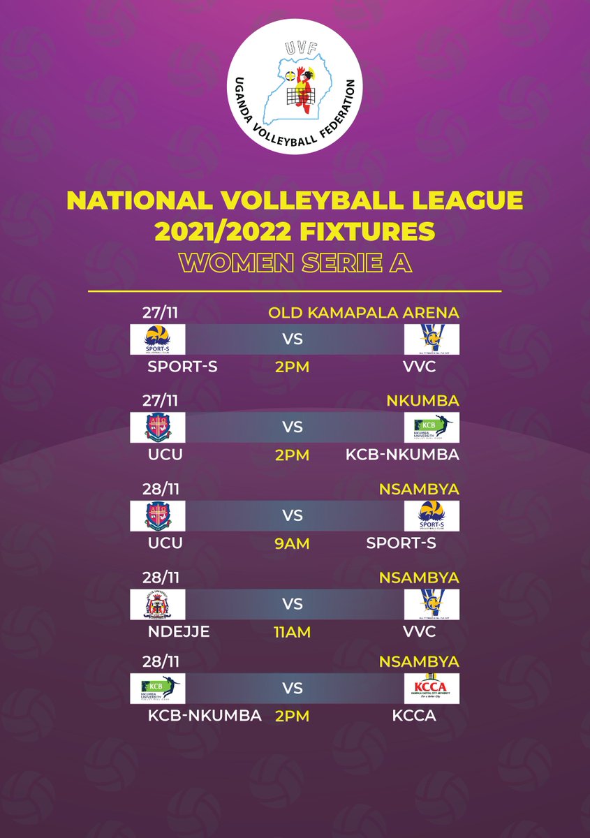 Volleyball Uganda (@ugvolley) on Twitter photo UVF | National Volleyball League Fixtures 27th -28th November 2021 Men and Women Serie A.
<a href="/NCSUganda1/">National Council of Sports -Uganda</a>
<a href="/CAVBPress/">CAVB</a>
<a href="/CliveKyazze/">Omutegeke | 🇺🇬🎙️</a>
<a href="/Emanzi20/">Ndyamuhaki J. Emanzi</a> UVF | National Volleyball League Fixtures 27th -28th November 2021 Men and Women Serie A.
<a href="/NCSUganda1/">National Council of Sports -Uganda</a>
<a href="/CAVBPress/">CAVB</a>
<a href="/CliveKyazze/">Omutegeke | 🇺🇬🎙️</a>
<a href="/Emanzi20/">Ndyamuhaki J. Emanzi</a>
