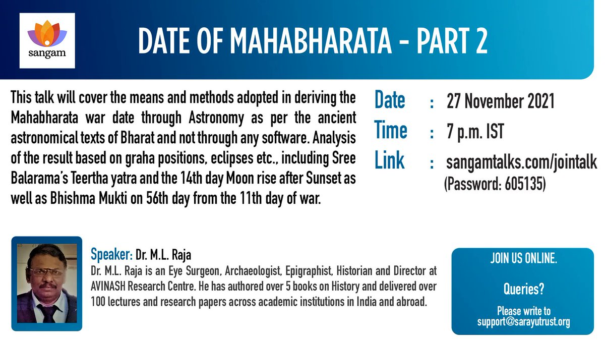 sangamtalks's tweet photo. The second part in the 'Date of Mahabharata' series by Archaeologist &amp; Historian Dr. M. L. Raja will focus on estimating the war date as per the observations of the ancient astronomical texts of Bharat. Join us live this Saturday at 7 PM.
#SangamTalks #DatingMahabharata https://t.co/VhpEX9F2L2