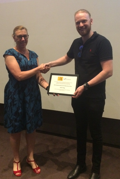UniMelbCMR's tweet photo. Congratulations to the CMR's, Dr Adam Hagg, pictured here receiving a PhD Student Research Publication Prize from AuPS President, @robyn_murphy1, on the last day of another great Australian Physiological Society meeting @AuPhysiolSoc  #AuPS2021 https://t.co/fMuRLoa35z