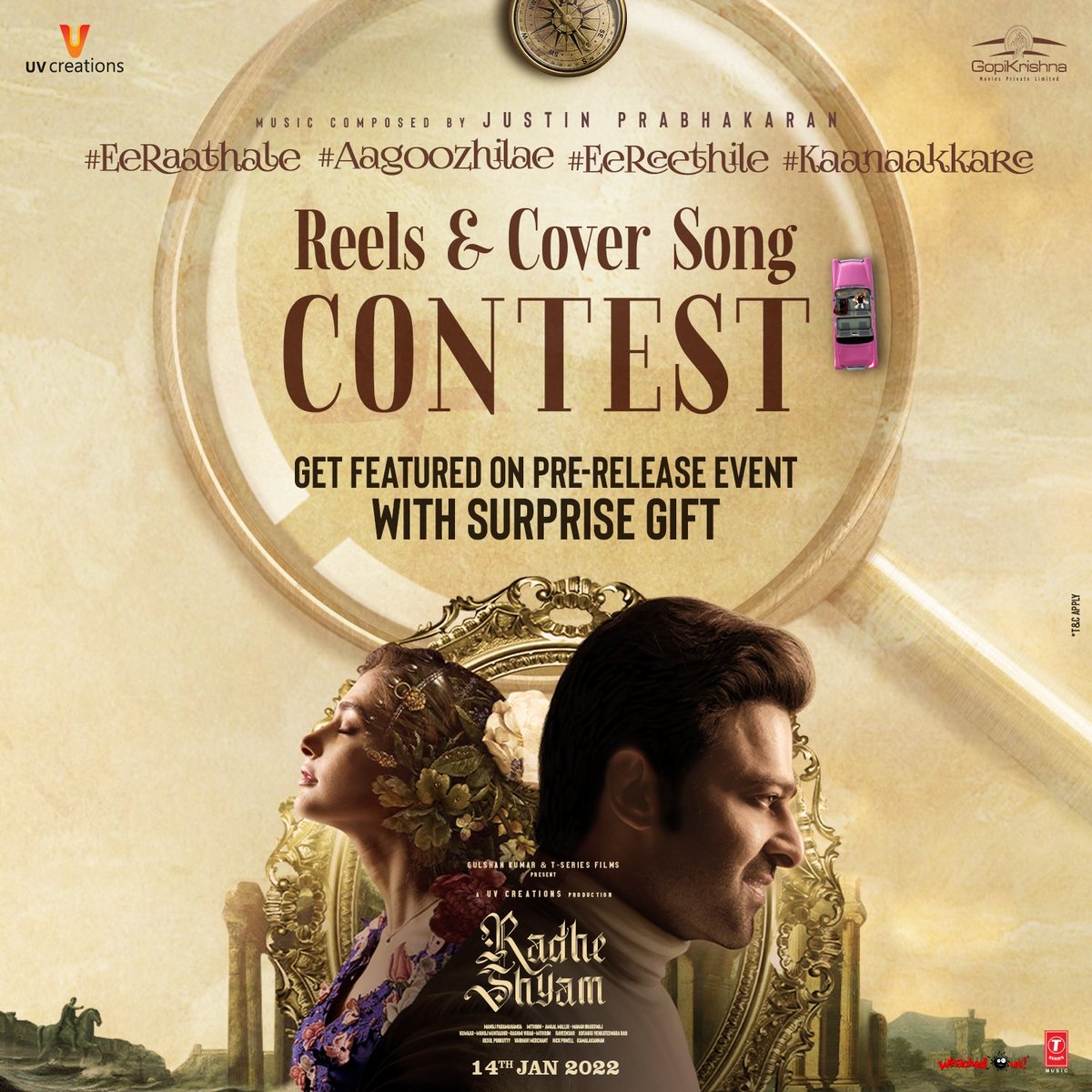 Get ready to participate in #RadheShyamFirstSingle Cover Song & Reels Contest!🚨 Winners will be featured on 'Pre-Release Event' with a Surprise Gift 🎁 1. Make your own Cover Song Video & Upload On YouTube & Share URL to (uvcreationsoffical@gmail.com)