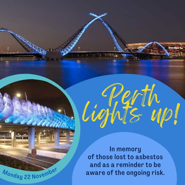 Perth lights up in memory of lives lots to #asbestos disease &amp; as a reminder to be safe around asbestos. 
#asbestosawareness  #Reflections #thinktwiceaboutasbestos