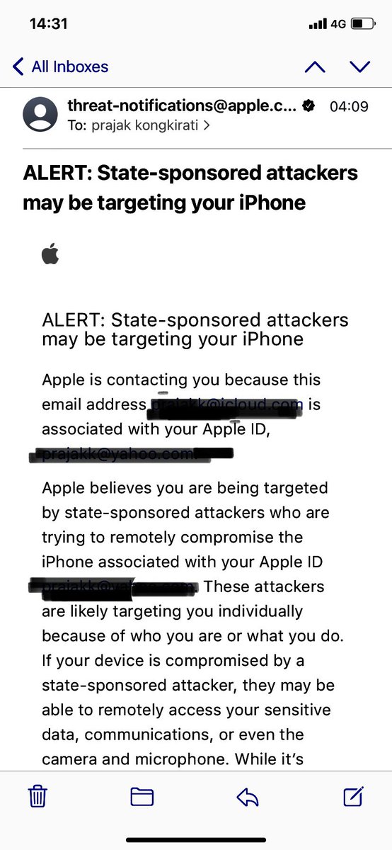 ได้อีเมล์แจ้งเตือนจาก Apple เรื่องนี้เช่นกัน เมื่อเช้านี้ (04.05 น. กับ 04.09 น. มีทั้งพยายาม hack iPhone กับ hack iCloud)