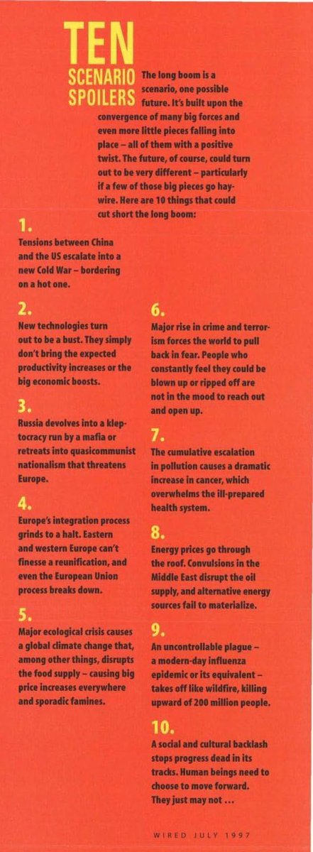 vtchakarova's tweet photo. The Global Worst Case Scenarios Wired Magazine predicted in 1997. https://t.co/SiLGZARPa2 #foresight #scenarios #GlobalSystem https://t.co/uZSB4B2dNx