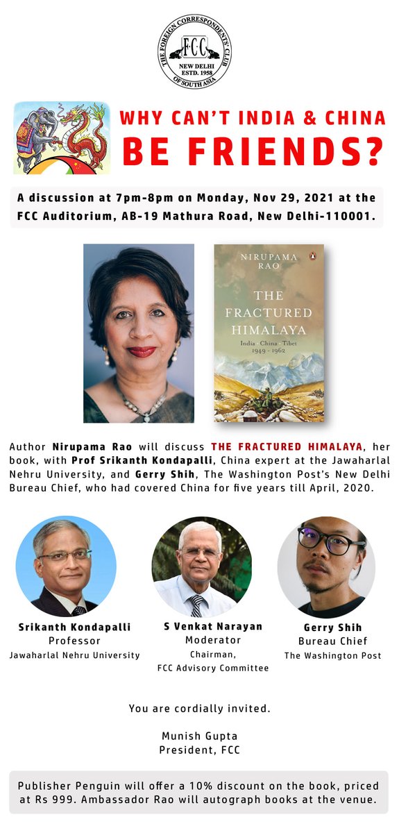 At 7pm on Monday, November 29, 2021 at the Foreign Correspondents' Club of South Asia in New Delhi: