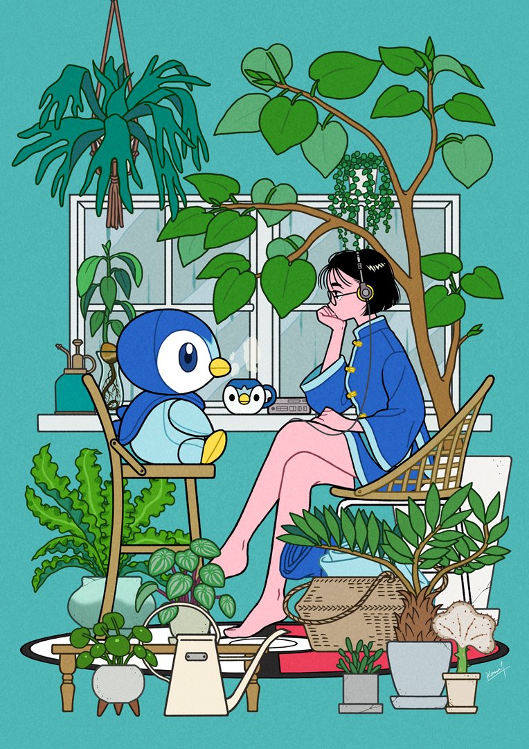 1girl plant short hair black hair barefoot sitting potted plant  illustration images