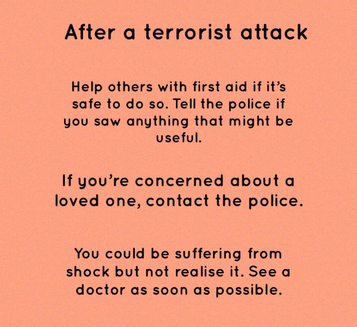 After the recent suspected terrorism in Liverpool, here are some tips on what to do before, during and after a terrorist attack. ♥️ #Liverpool #camhelions @DJUAlderHey <a href="/FreshPlusGroup/">Fresh+Group</a> @LCooper102 <a href="/CamhsSefton/">Sefton CAMHS and Sefton MHST @ Alder Hey</a> <a href="/AlderHey/">🏥 Alder Hey 💙</a> <a href="/CrisisCareAHH/">CAMHS Crisis Care @ Alder Hey</a> <a href="/TheForumAH/">Alder Hey Youth Forum</a>