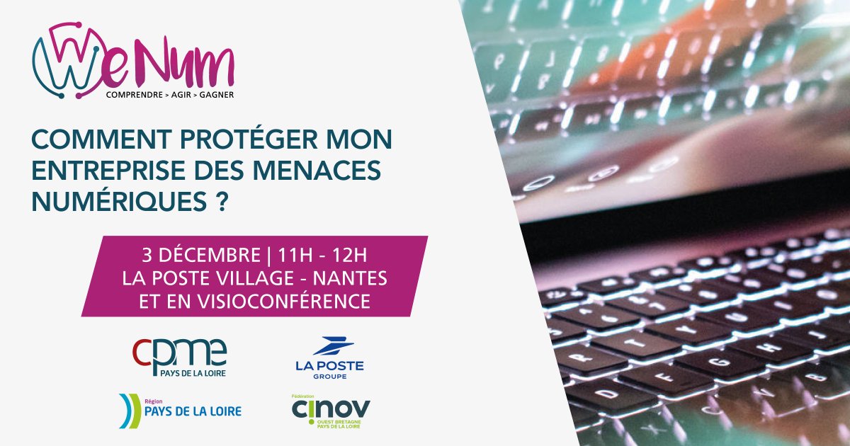 [#Evenement] Participez à notre prochain atelier expert : Comment protéger mon #entreprise des menaces #numériques ? 💻
📆 Vendredi 3 décembre dès 11h au <a href="/GroupeLaPoste/">La Poste Groupe</a> à #Nantes et en visioconférence
Inscription 👉 bit.ly/3cO5xFy
<a href="/LPNews_PDL/">La Poste Groupe PDL</a> <a href="/paysdelaloire/">Pays de la Loire</a> <a href="/CinovOuest/">CINOV OUEST</a>