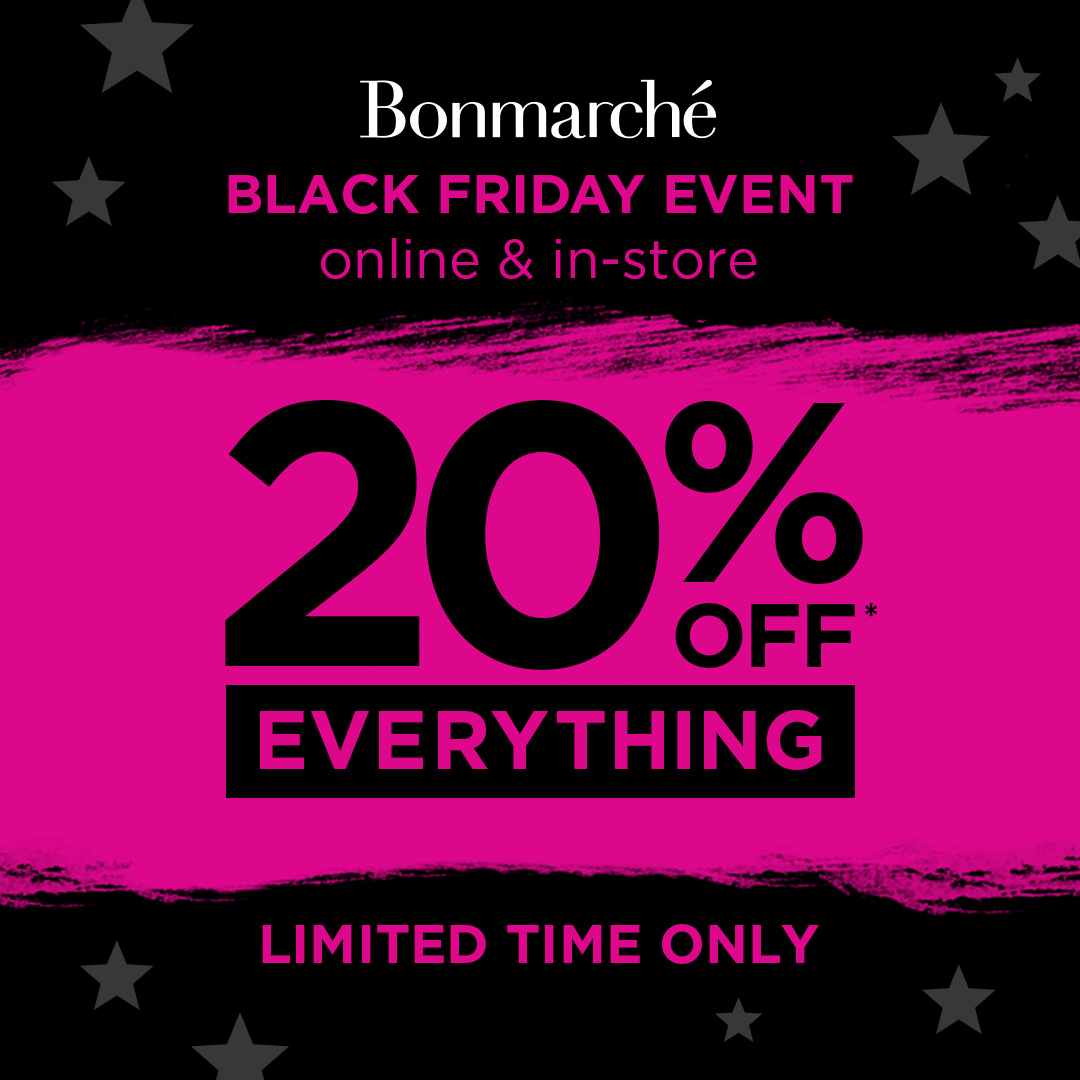 “Grab a bargain at Bonmarche with 20% off everything* this Black Friday week!
 
With tops and blouses under £10 and savings on winter warmers, now is the time to head into store!
 
HURRY don’t miss out! Event ends Sat 27th Nov.
 
*T&amp;Cs apply see Bonmarche.com