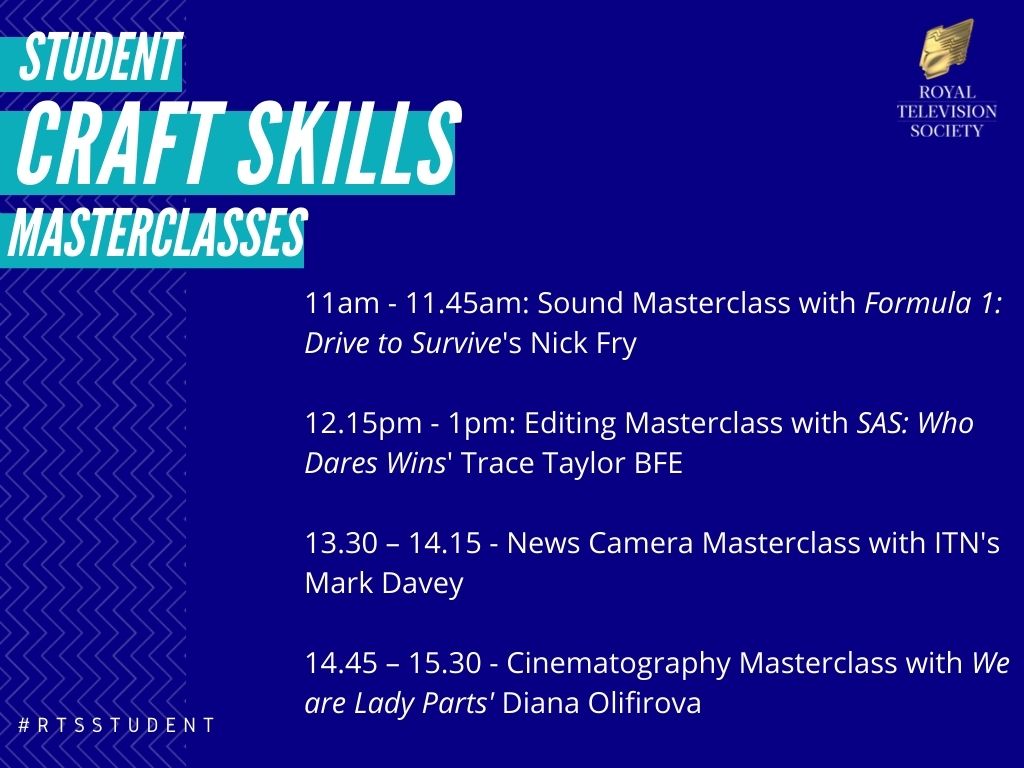 RTS_media's tweet photo. We're hosting four free virtual masterclasses today on #Sound, #Editing, #NewsCamera and #Cinematography.

Head over to @RTS_Futures for live updates from today's Student Craft Skills Masterclasses #RTSStudent https://t.co/leWoKD9N0x