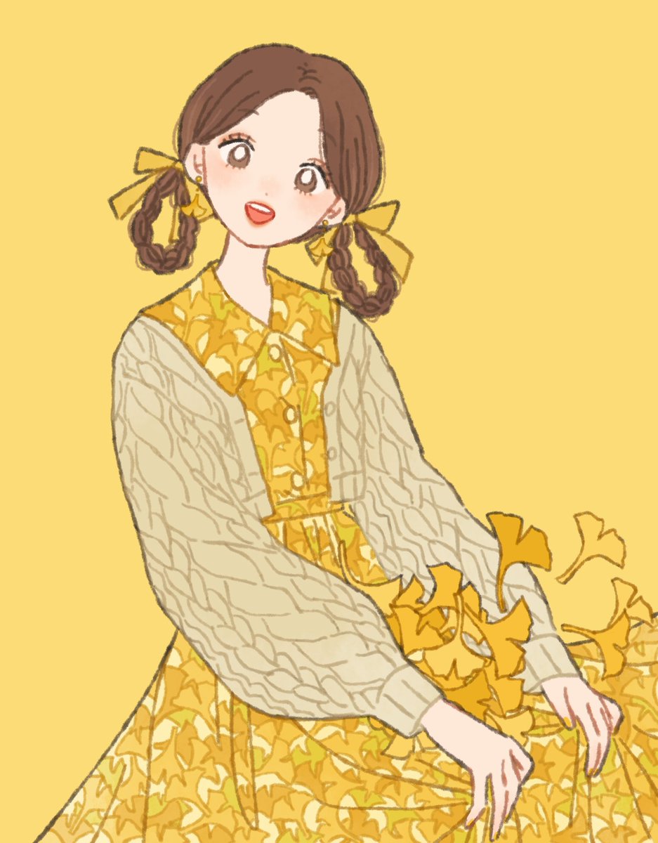 1girl solo long hair skirt orange background flower long sleeves  illustration images