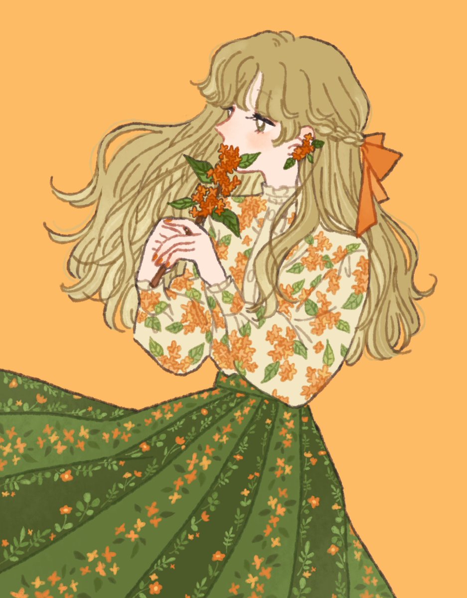 1girl solo long hair skirt orange background flower long sleeves  illustration images