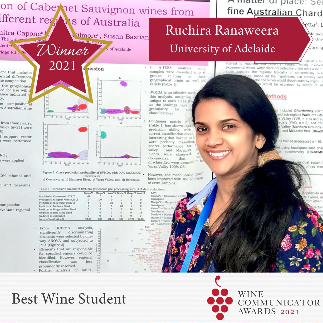 WineComAust's tweet photo. Congratulations to Ruchira Ranaweera from @UniofAdelaide for being awarded 'Best Wine Student' this evening - well done! 👏🍷

Award sponsor - The University of Adelaide 

#WCAwards #WineCommunicatorsofAustralia #wineindustry https://t.co/Nz80foOIWf