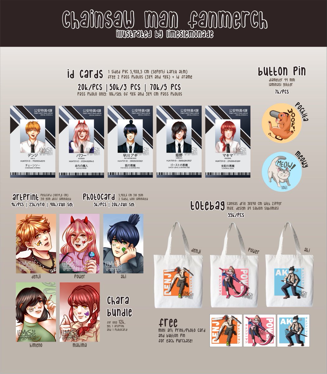 limeslemonade's tweet photo. [RT is very much appreciated! 🌟]

Halo! Aku buka PO fan merchandise Chainsaw Man~ Sorry, I can only ship locally for now🇮🇩 

Form di bawah ini bisa diisi sampai tanggal 6 Desember, ya! Setiap pre-order akan disertai bonus double sided art print jugaa🌟
https://t.co/sZKHRB7Dh4 https://t.co/FcEG2dsyxd