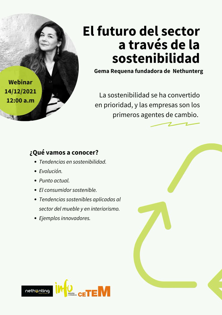 CETEM_CT's tweet photo. 🔸El 30 de noviembre a las 12:00 organizamos junto a Gema Requena,💡fundadora de @Nethunting, el webinar "El futuro del sector a través de la sostenibilidad"
📌Más información en: https://t.co/uN6pCHhNOQ https://t.co/sjxVCdqm5G