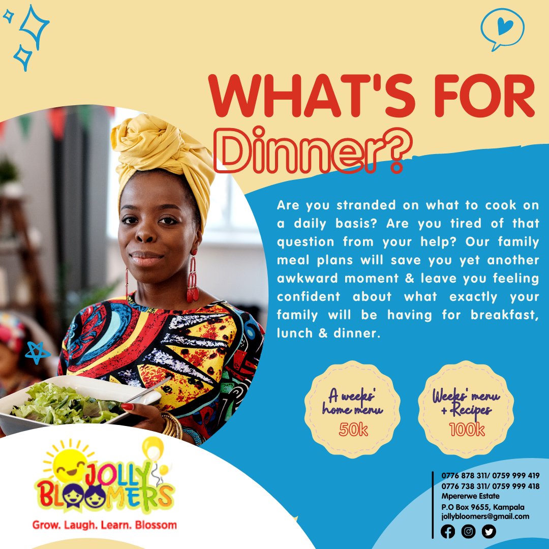 JollyBloomers's tweet photo. We understand how frustrating planning your family's every meal can be so let's give you one less thing to worry about.

Call/WhatsApp:
📲0776878311/0759999419
📲077638311/0759999418

A week's menu is 50k &amp; 100k if you want it with recipes.

#JollyBloomersHomeCare
#UOTMarketDay https://t.co/5CMVEHlSrX
