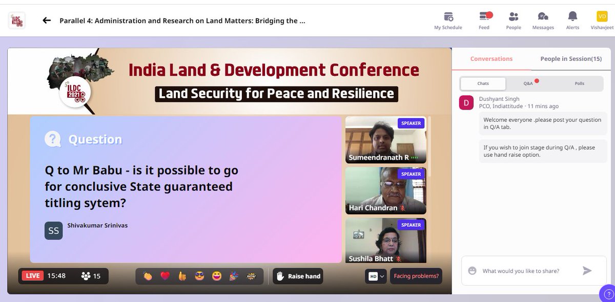 Mr. Shivakumar Srinivas asks Sajith Babu, 'Is it possible to go for conclusive #State guaranteed #land titling system?'. Mr. Babu replies, 'There is immense potential in this which could surely go a long way in improving the land titling system in India.'
#ILDC2021 #landtitling