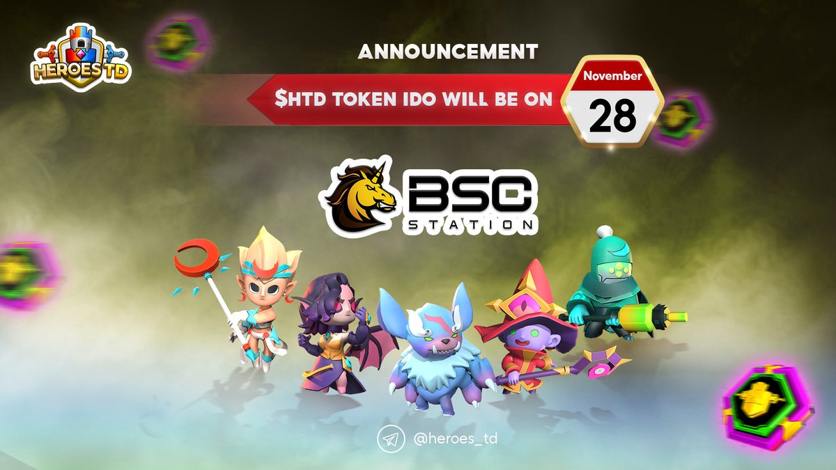 heroes_td's tweet photo. We are delighted to announce that $HTD Token IDO will open on BSC Station this November 28th! 
ℹ️ Details: https://t.co/krORBD2oAv 
👋Be the earliest player of #Heroes TD:
🌐Follow Twitter: https://t.co/HWs6pDUM6r
#heroestd #BSCStation #nftgame https://t.co/Poiw4G3LlZ