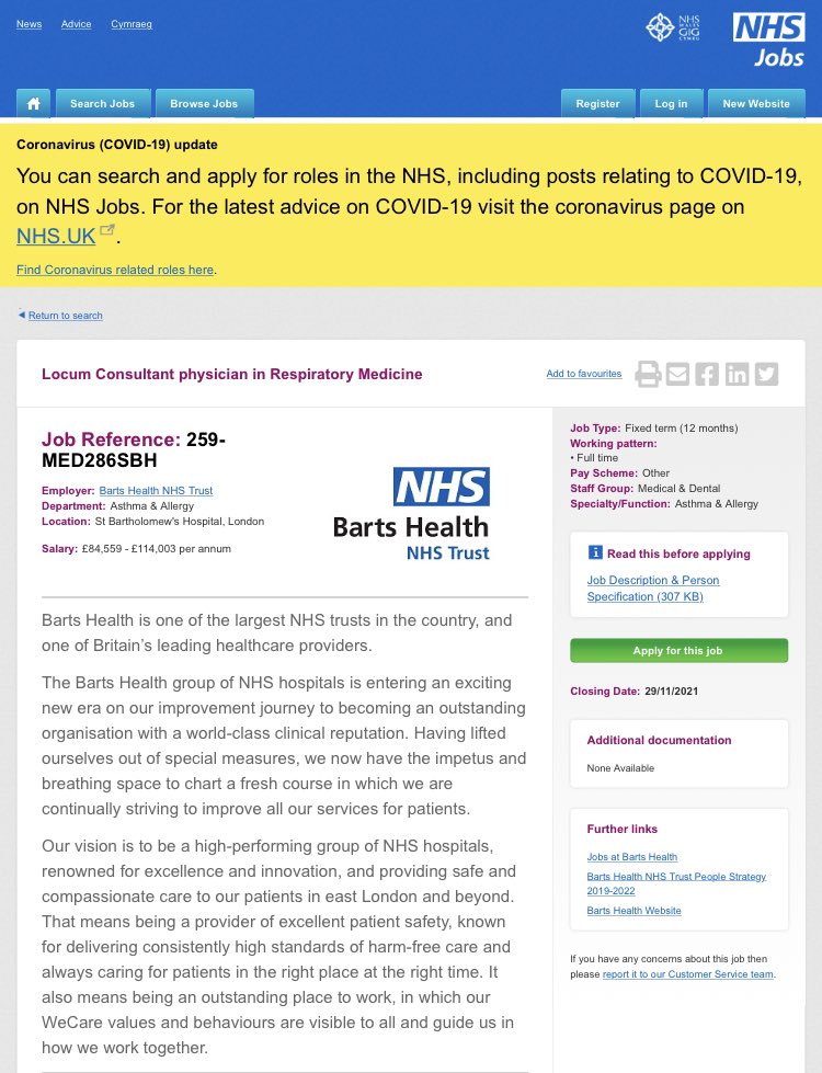 Brilliant opportunity to join our <a href="/NHSBartsHealth/">Barts Health</a> #RespIsBest 🫁 Team. Scope for working in various subspecialities including #LungCancer #Asthma #Pleural #Bronchiectasis #CF at @BartsHospital @RoyalLondonHosp @NewhamHospital @WhippsCrossHosp 

jobs.nhs.uk/xi/vacancy/916…