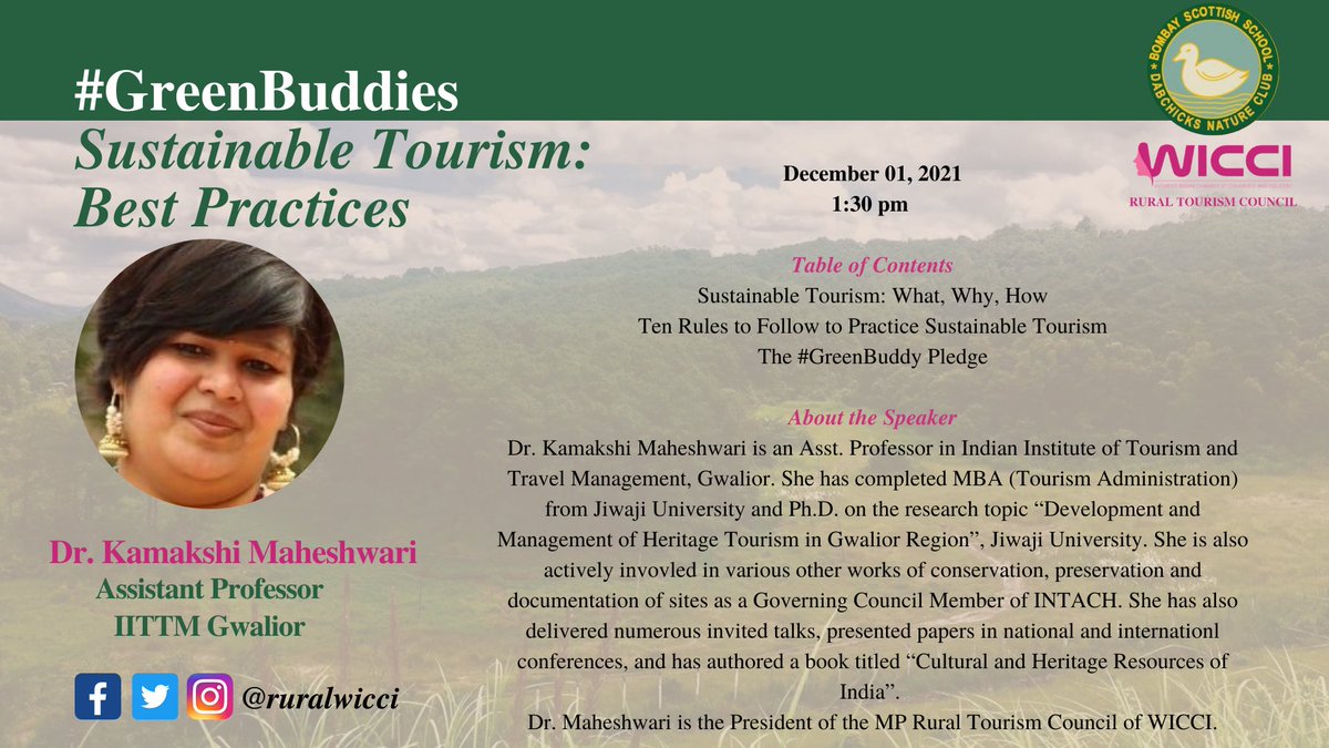 RuralWICCI's tweet photo. We look forward to collaborating with Bombay Scottish School, Mahim, on #GreenBuddies, our Responsible Tourism initiative for school children. The council will be represented by Ms. Lakshmi Sharath, Ms. Rajshree Bhargava, and Dr. Kamakshi Maheshwari.

#WICCI #WICCIINDIA https://t.co/a0KkueBA3n