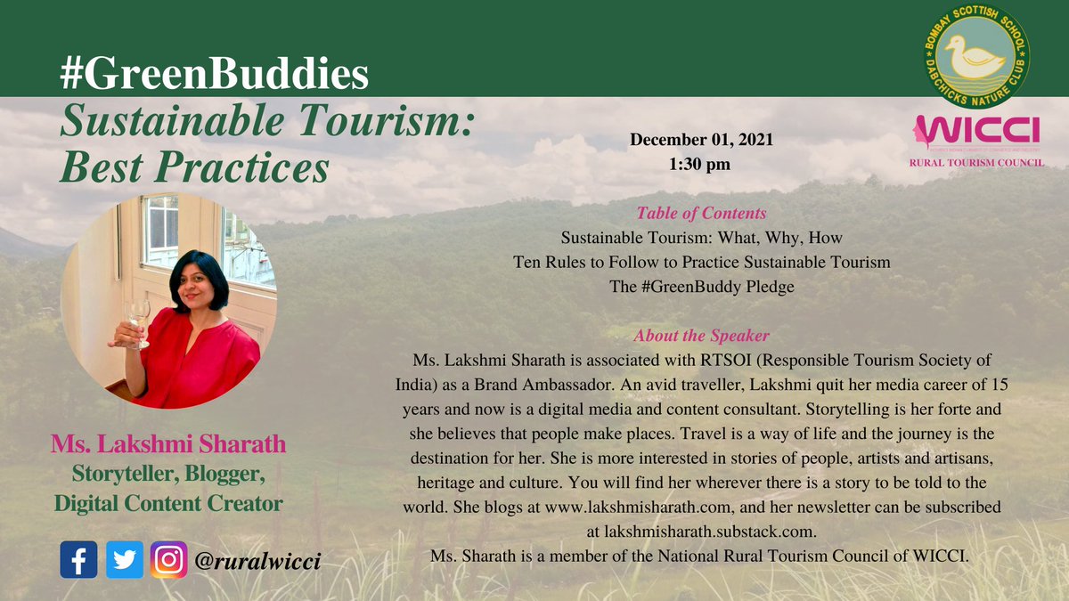 RuralWICCI's tweet photo. We look forward to collaborating with Bombay Scottish School, Mahim, on #GreenBuddies, our Responsible Tourism initiative for school children. The council will be represented by Ms. Lakshmi Sharath, Ms. Rajshree Bhargava, and Dr. Kamakshi Maheshwari.

#WICCI #WICCIINDIA https://t.co/a0KkueBA3n