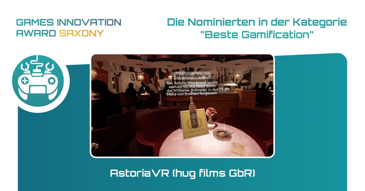 Games & XR Mitteldeutschland (@gamesxrmd) on Twitter photo Die Nominierung für DIE BESTE GAMIFICATION: In Astoria VR lassen hug films und <a href="/blendFX_/">blendFX</a> das legendäre Leipziger Hotel Astoria wieder auferstehen.
🏆 Am 2. Dezember erfahrt ihr, wer die Gewinner sind! Mehr Infos und das Publikumsvoting findet ihr hier: games-innovation-award-saxony.de/nominierungen-… Die Nominierung für DIE BESTE GAMIFICATION: In Astoria VR lassen hug films und <a href="/blendFX_/">blendFX</a> das legendäre Leipziger Hotel Astoria wieder auferstehen.
🏆 Am 2. Dezember erfahrt ihr, wer die Gewinner sind! Mehr Infos und das Publikumsvoting findet ihr hier: games-innovation-award-saxony.de/nominierungen-…