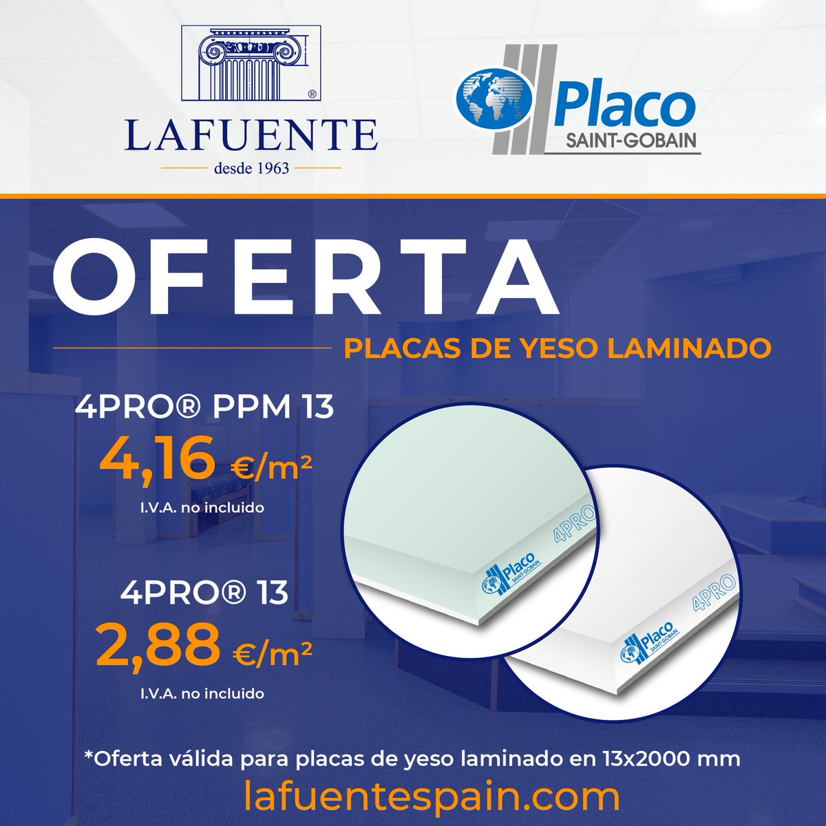 LafuenteSegovia's tweet photo. ¡Buenos días!
📢 ¡¡OFERTA en placas de yeso laminado 4PRO y 4PRO PPM de PLACO!!
Disponible en nuestros almacenes para placas en 13x2000 mm:
📲 https://t.co/oYEwUOBFXp
#Oferta #PlacaDeYesoLaminado #PYL #PLACO #4PRO #PPM #Madrid #Construcción #Reformas #FelizMIércoles #LAFUENTE https://t.co/iFj2J98cn6