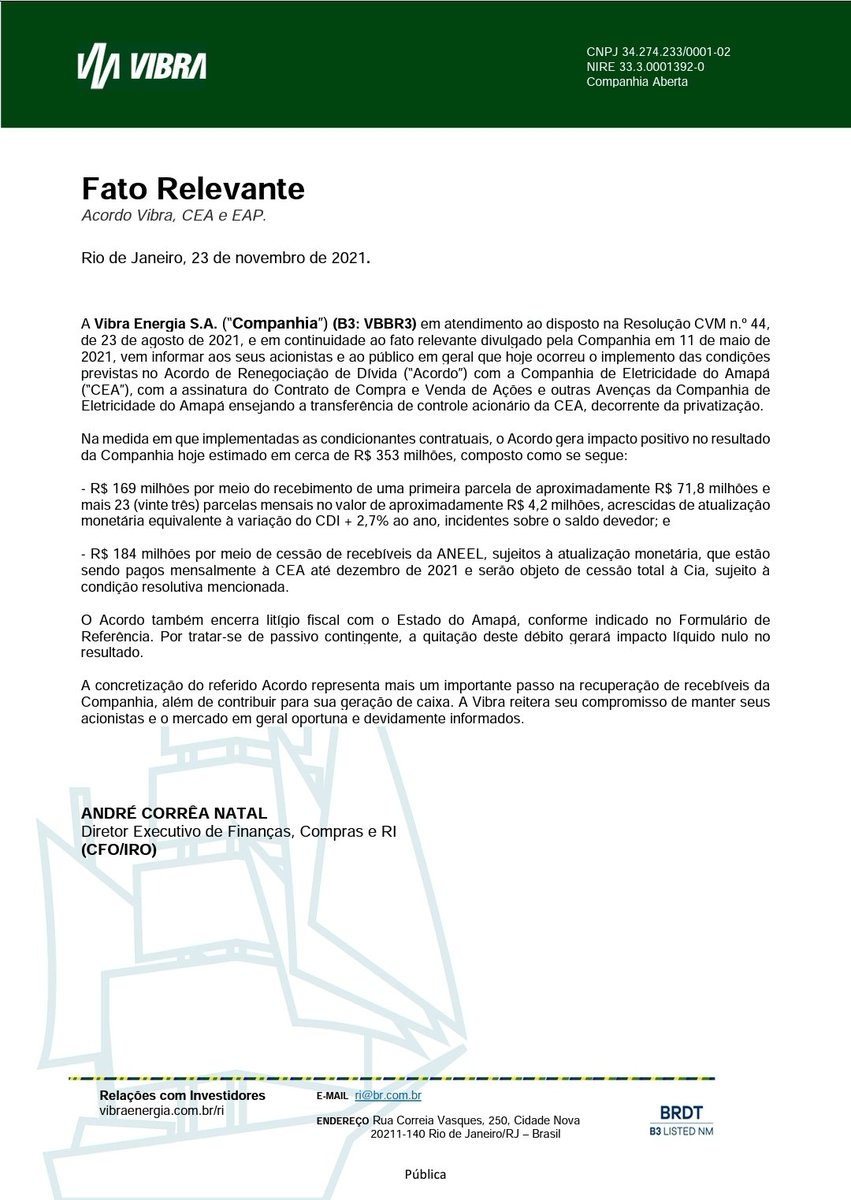 Fatosdomercado's tweet photo. Fato relevante: VIBRA
Descrição: Acordo Vibra, CEA E EAP
#vbbr https://t.co/kLyZz1bOeF