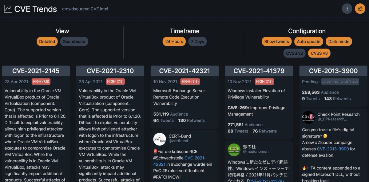payloadartist's tweet photo. 🔍 New Crowdsourced CVE Intel Tool

🔗 https://t.co/U3tdqwbWi3 

I have been using Tweetdeck to keep close watch on recently dropped PoCs, etc. but this looks very handy - it also pulls from NIST NVD.

#infosec #cybersecurity #bugbounty #bugbountytips #redteam https://t.co/AaWMJEEFzZ