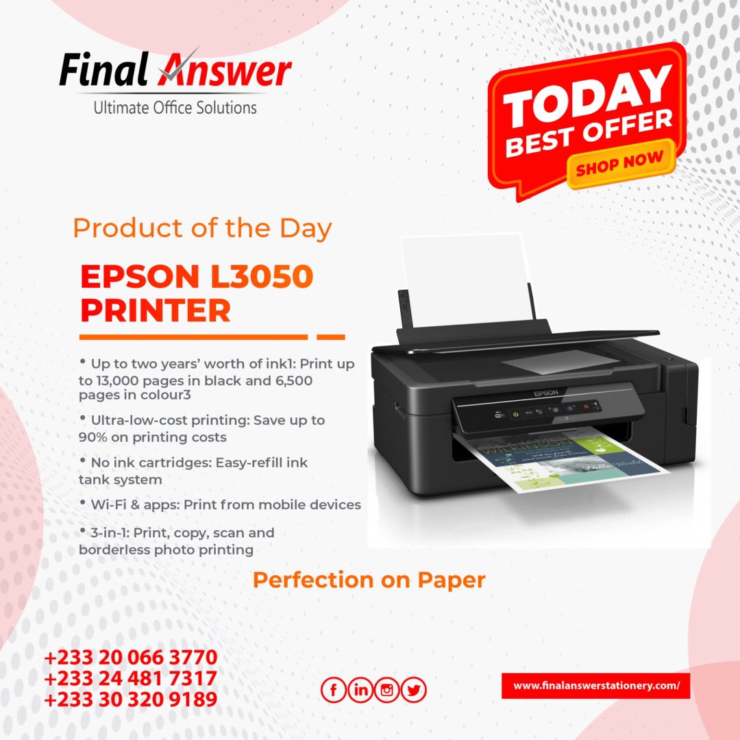 FinalStationery's tweet photo. Order your Epson Printer via https://t.co/dW0Bnqod2V and have it delivered right to your doorstep.

#epsonprinters 
#printers
#accraghana
#todaysbestoffer
#ultimateoffice 
#stonebwoy #shattawale #samini #sarkodie

|Rocky Dawuni| https://t.co/nzftkBgT45